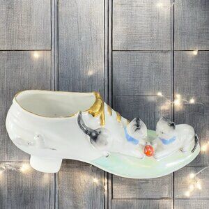 Antique German Fine Porcelain Shoe Trinket Holder Kitty Cats Playing Planter VTG